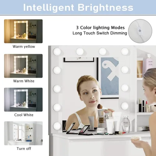 Vista 8 de Vabches Tocador de maquillaje con luces, escritorio de tocador de 37 pulgadas, cómoda de 4 cajones grandes con espejo iluminado, 3 modos de Blanco