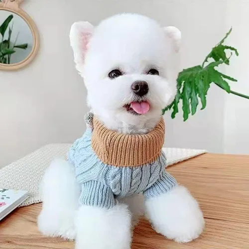 Vista 3 de Suéter de punto para perros pequeños, gatos, ropa gruesa y cálida para cachorros, cuello alto, elástico, chihuahua, bulldog y perro salchicha