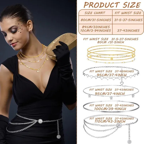 Vista 3 de JenPen 8 unidades de cadena de vientre ajustable para verano, playa, bikini, cuentas de cintura bohemia para mujeres y adultos, cadena de cuerpo