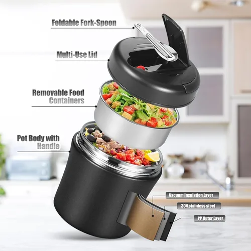 Vista 3 de Recipiente de comida caliente de 50 onzas, a prueba de fugas, boca ancha, de acero inoxidable, aislado al vacío, recipiente de sopa de acero