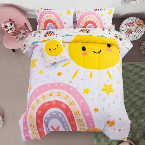 Vista 9 de A Nice Night Juego de ropa de cama de 6 piezas de arcoíris de dibujos animados con luna sonriente impresa para niños y niñas, juegos de edredón