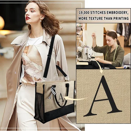 Vista 2 de YOOLIFE Regalos personalizados para mujeres, bolsa de yute con inicial y bolsa de maquillaje, regalos de cumpleaños para mujeres, mamá, esposa