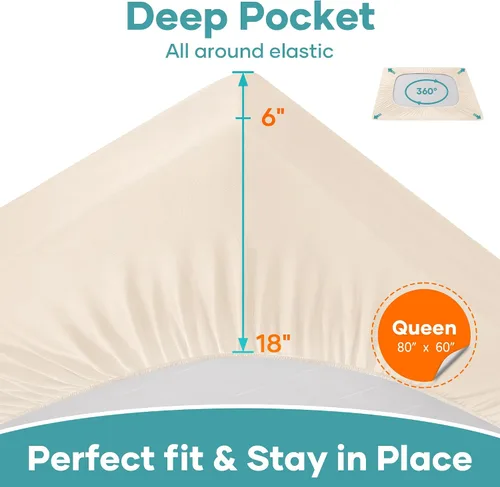 Vista 4 de OhGeni Protector de colchón 100% impermeable, tamaño Queen Beige, sábana bajera con bolsillos profundos, 6''-18'', material suave transpirable sin