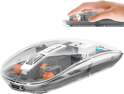 Vista 6 de Ratón inalámbrico transparente Bluetooth delgado trimodo luz LED transparente, ultraligero, inalámbrico, compacto, recargable, ergonómico