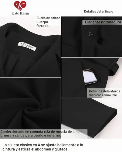 Vista 6 de Kate Kasin Mujeres Abrigo de Lana con Línea Evasé, Abrigo de Vestir con Cinturón, Cuello con Muesca, Capa de Otoño e Invierno Negro