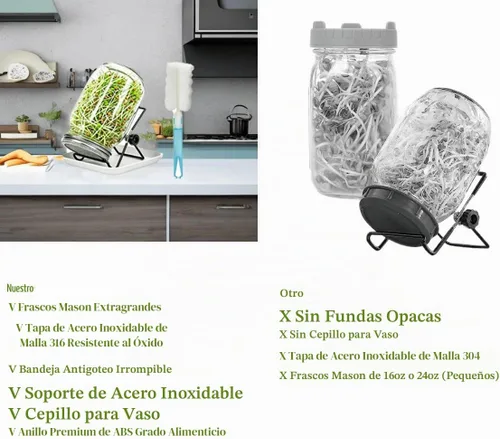 Vista 4 de Lulonpon Juego de 2 tarros para cultivar brotes, tarros de boca ancha de un cuarto de galón con tapas de germinación de pantalla de acero