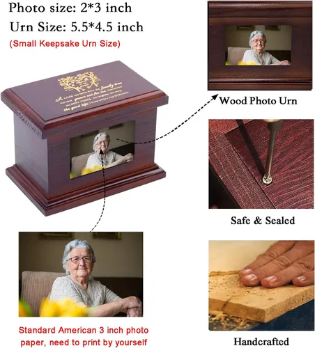 Vista 4 de Urnas Pequeñas de Madera de 5.5 Pulgadas para Cenizas, Urnas Memoriales Funerarias con Marco para Fotos, Urnas Pequeñas de Recuerdo, Cajas y Ataúdes