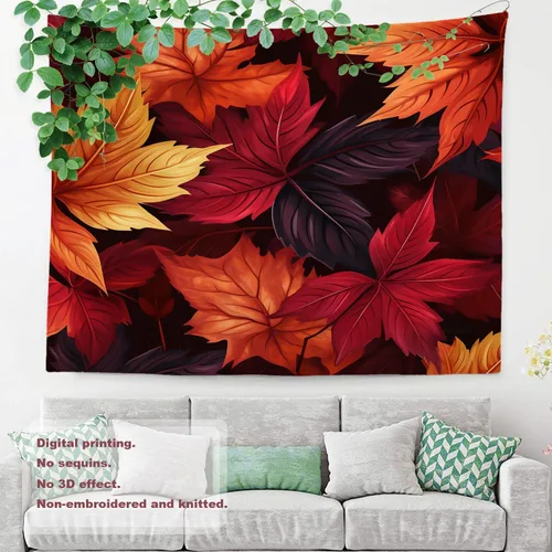 Vista 3 de Shrahala Tapiz de pared de hojas de arce otoñal, hojas rojas sin costuras sobre negro para colgar en la pared, tapiz grande decorativo de fibra