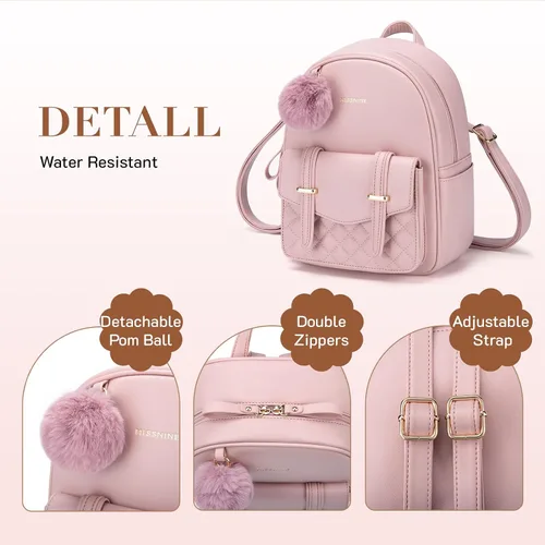 Vista 5 de Missnine Mini mochila para mujer, bonita mochila pequeña con pompón, de piel sintética, mochila pequeña casual para mujer, rosado (2-Pink)