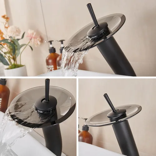 Vista 5 de Grifo de Baño de Cascada de Vidrio con Mango Único de Latón Macizo para Lavabo Lavatorio Vessel Sink Vanity, Alto, Negro