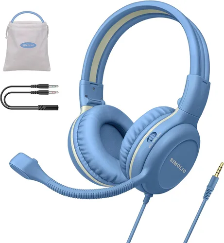 Vista 13 de SIMOLIO Audífonos para niños con micrófono para la escuela, auriculares con cable de 75/85/94 dB con micrófono retráctil para iPad, PC, laptop