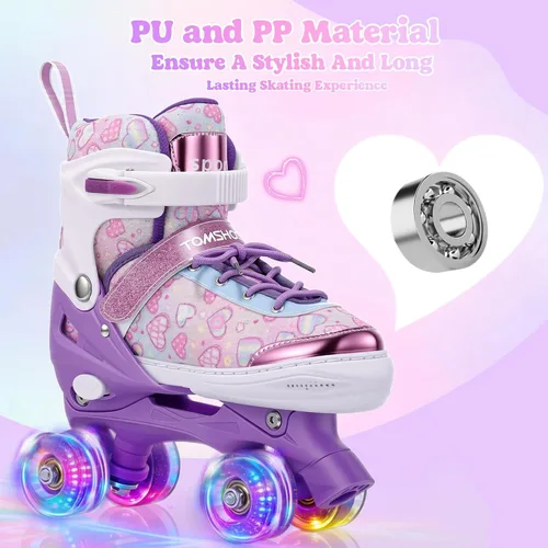 Vista 4 de TOMSHOO Kids Roller Skates for Girls Toddlers Youth 4 Sizes Adjustable Quad Skates with Light up Wheels Children Skates for Indoor Outdoor