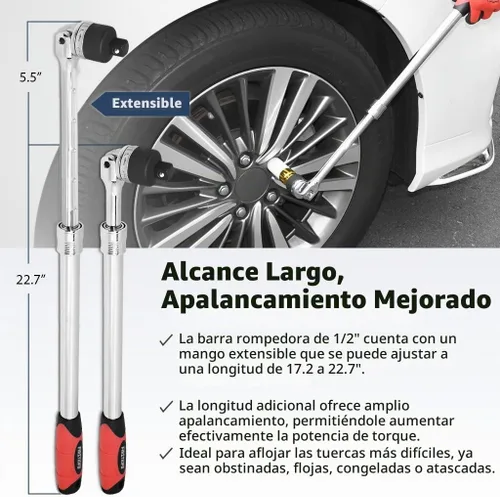Vista 2 de FIRSTINFO Barra Extensible de 1/2" de Impulso con Trinquete, Longitud de 17.2 a 22.7 pulgadas, con Cabezal de Trinquete Flexible