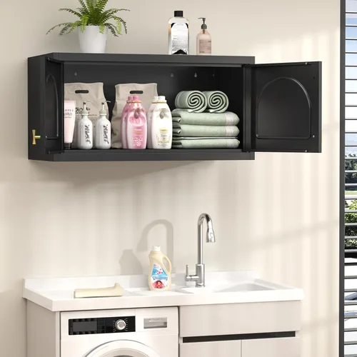 Vista 2 de Gabinete de Pared de Metal de 81 cm con 2 Puertas, Gabinetes Colgantes Negros con Manija, Gabinetes de Vestir de Metal, Armario Vestidor Clóset