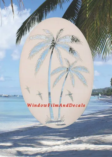 Vista 6 de Calcomanía ovalada de vinilo para ventana, diseño de palmeras inclinadas, 8 x 12 pulgadas, color blanco con elementos de diseño transparente