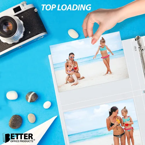 Vista 4 de Better Office Products Hojas de repuesto para álbumes, 5 x 7 pulgadas, pesadas, de 3 anillos transparentes con 3 anillas, 100 fotos en total, cada