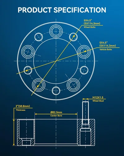 Vista 2 de PHILTOP Espaciadores de rueda de 5x4.5, espaciadores de rueda centric de 2" para Caliber, Avenger, Sebring, paso de rosca M12x1.5, diámetro del cubo