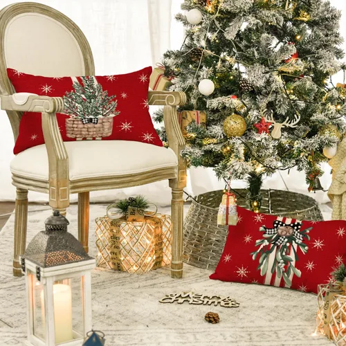 Vista 3 de AVOIN colorlife - Juego de 4 fundas de cojín con diseño de árbol de Navidad, renos, camiones y rayas rojas, para decoración festiva de invierno, 12