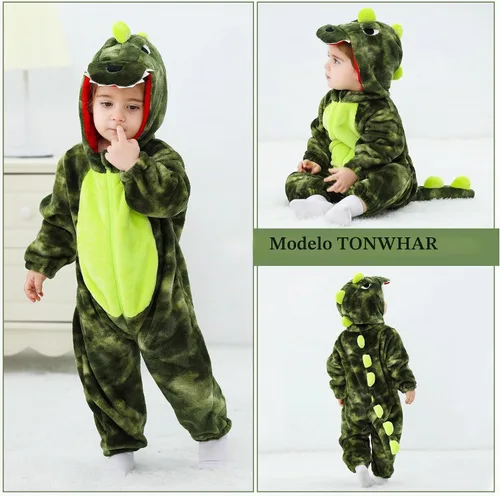 Vista 3 de TONWHAR - Disfraz de dinosaurio para niños pequeños, mameluco de animal para Halloween para niños y niñas Verde militar