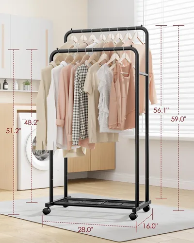 Vista 2 de Sakugi Perchero de Ropa - Perchero de ropa con estante de malla de almacenamiento y ruedas, perchero de metal resistente para colgar ropa, vestidos