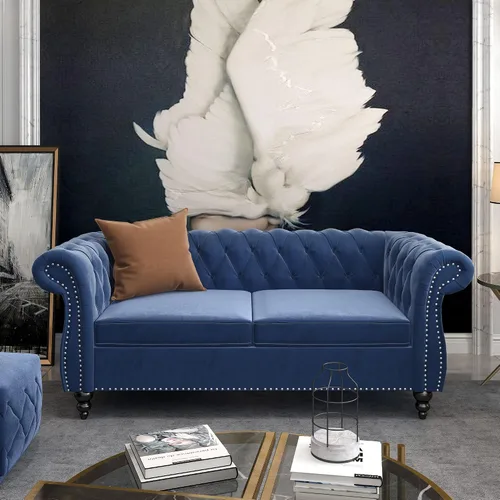 Vista 13 de RARZOE Chesterfield - Silla contemporánea de terciopelo Chesterfield, silla de club de terciopelo, silla Chesterfield con brazos enrollados de Azul