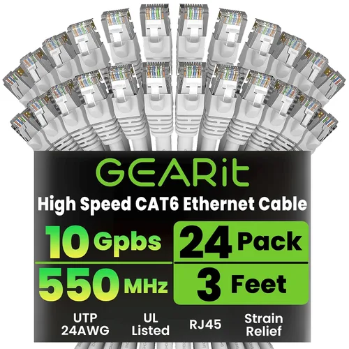 Vista 56 de GEARit Paquete de 24 cables Ethernet Cat6 de 0.5 pies Cable de conexión de red RJ45, conectores chapados en oro sin enganches de 10 Gbps, cable