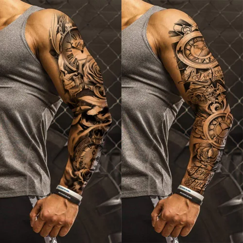 Vista 5 de 4 hojas de tatuajes temporales de brazo completo para adultos, color rosa pistola de tatuajes, impermeables, arte corporal de larga duración