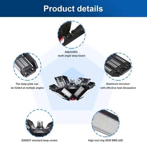 Vista 4 de Luces de garaje LED de techo, 12 paneles enchufables con 180 W, 18000 lúmenes, 6500 K, 12 hojas deformables multiposición, base E26 E27 ideal