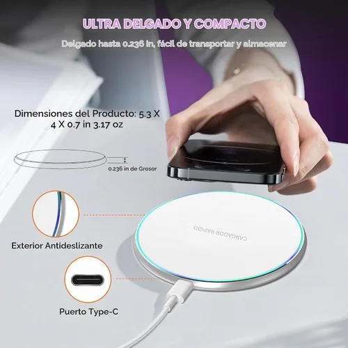 Vista 3 de Cargador inalámbrico compatible con iPhone 17 16 15 14 13 12 11 Pro Max/Mini/Plus/XR/X/8, 15W Max Fast Wireless Charging Pad Mat para Samsung Galaxy