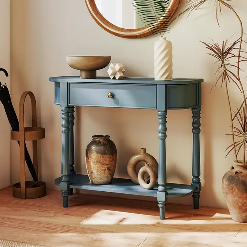 Vista 2 de Giantex Mesa consola de 2 niveles, mesa de entrada retro de 36 pulgadas con cajón de almacenamiento y patas elegantes, mesa de sofá de madera Azul