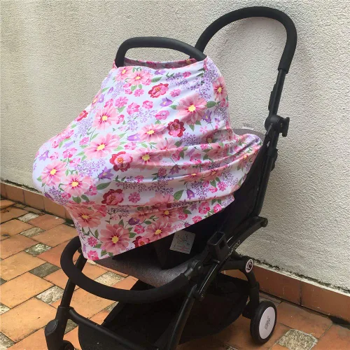 Vista 2 de Toldo para asiento de coche para bebé, extra suave y elástico, funda de lactancia floral púrpura y rosa