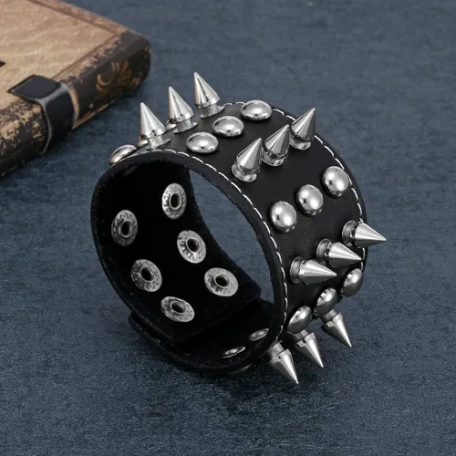 Vista 3 de Jovivi Pulsera de piel auténtica punk rock para hombre y mujer, con remaches con tachuelas y tachuelas, color negro