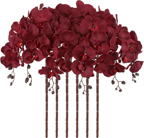 Vista 8 de Orquídeas artificiales de 38 pulgadas, 6 unidades, orquídeas falsas rosas, orquídeas de seda de terciopelo, flores artificiales de tallo largo