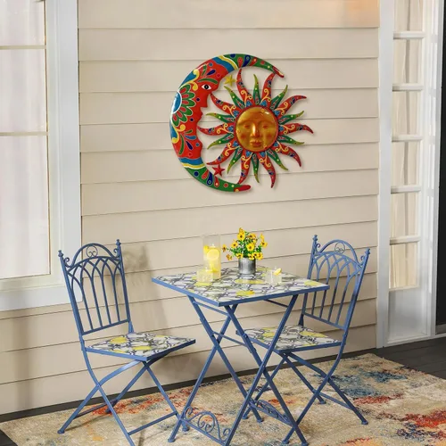 Vista 3 de Limygus Adornos de Sol y Luna para Pared para Exteriores, Arte de Pared de Metal Colorido con Sol y Luna y Estrellas Perfecto para Patio, Jardín