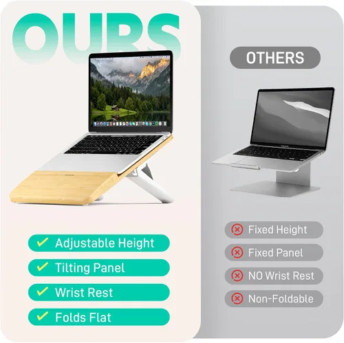 Vista 4 de AFOOYO Soporte ajustable de bambú para laptop, elevador de computadora portátil, soporte ergonómico para portátil con reposamuñecas, compatible