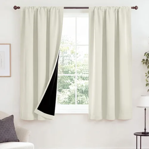 Vista 17 de NICETOWN Biscotti Beige 100% Cortinas opacas de 45" de largo para cocina, bolsillo con varilla para sótano completamente opaco, cortinas térmicas
