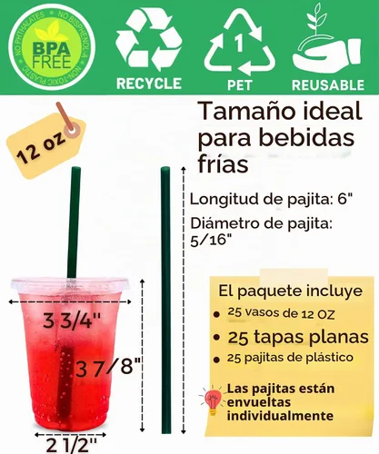 Vista 2 de Vasos de plástico transparente de 12 onzas con tapas y pajitas, tazas de café desechables, 25