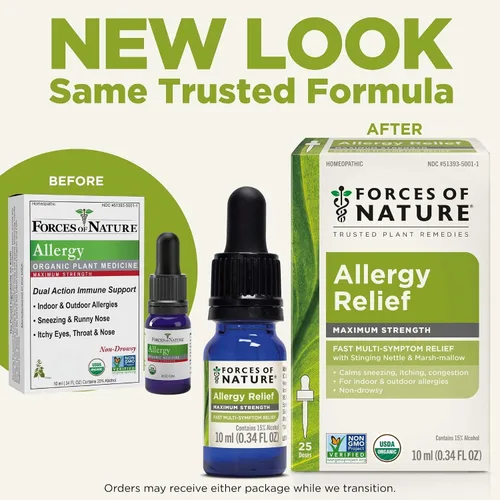 Vista 2 de Forces of Nature Alivio de alergias, medicina homeopática orgánica de máxima fuerza, 0.34 onzas líquidas, apoyo inmunológico y alivio de múltiples