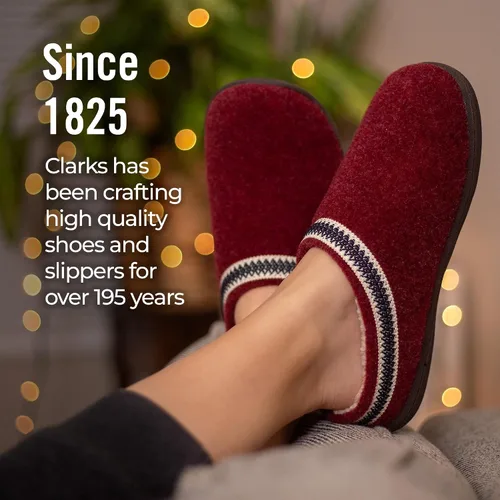 Vista 6 de Clarks Pantuflas tipo zueco de fieltro de lana para mujer JMH1319T - Cálidas y acogedoras con forro de piel sintética afelpada - Pantuflas de casa