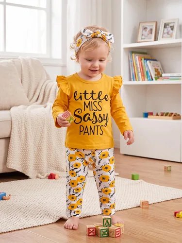 Vista 4 de KuKitty Conjunto de 3 piezas de ropa de bebé niña de manga larga con letras y pantalones casuales y diadema Amarillo