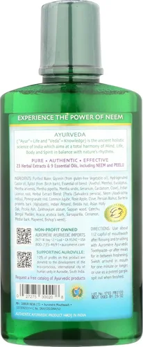 Vista 4 de Auromere Enjuague bucal natural ayurvédico para adultos y niños, enjuague bucal sin alcohol para mal aliento, sin flúor, enjuague oral de neem