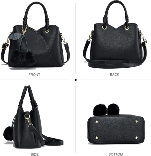 Vista 4 de NICOLE & DORIS Bolso de mano para mujer, bolso de hombro de moda con asa superior, bolsos elegantes con pompón