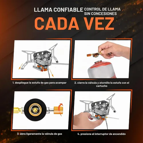 Vista 6 de Estufa de campamento de 5000 W, estufa de campamento resistente al viento con funda de transporte de encendido piezoeléctrico y 2 adaptadores