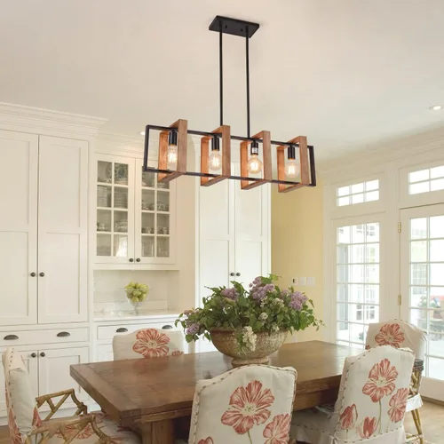 Vista 3 de Lámpara colgante de comedor de granja, para isla de cocina, rústica, 4 luces, madera y metal negro, lámpara rectangular para colgar en el techo