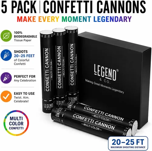 Vista 7 de Legend & Co. Cañones de confeti grandes multicolor, (paquete de 5), biodegradables y accionados por aire, lanza 20-25 pies, para celebraciones