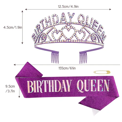 Vista 3 de Banda y Corona de Reina de Cumpleaños, Telas Plástico