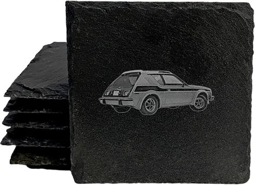 Vista 9 de Engraved Classic Compact Hatchback Coasters Set of 4 – Round – Made in USA Round slate coasters with a laser-engraved 1970s compact hatchback — a