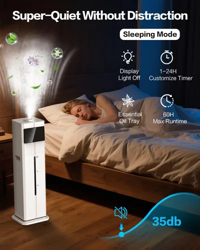 Vista 4 de Humidificadores de niebla fría para dormitorio, ultrasónico de 2.4 galones (9L), llenado superior silencioso, fácil limpieza con bandeja de aceite