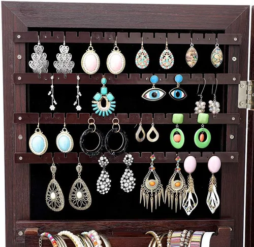 Vista 4 de ZeHuoGe Espejo con almacenamiento de joyas y luces LED, armarios de joyería para montaje en paredpuerta con cerradura con cerradura organizador