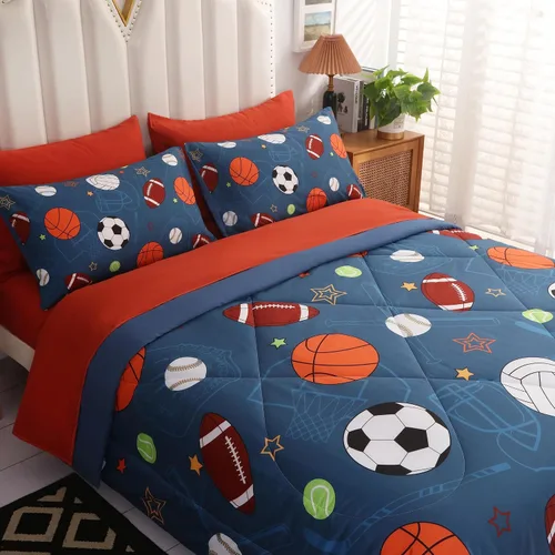 Vista 3 de Juego de edredón deportivo de pelota azul, tamaño individual, juego de ropa de cama de béisbol, baloncesto, fútbol, tenis para adolescentes y niños